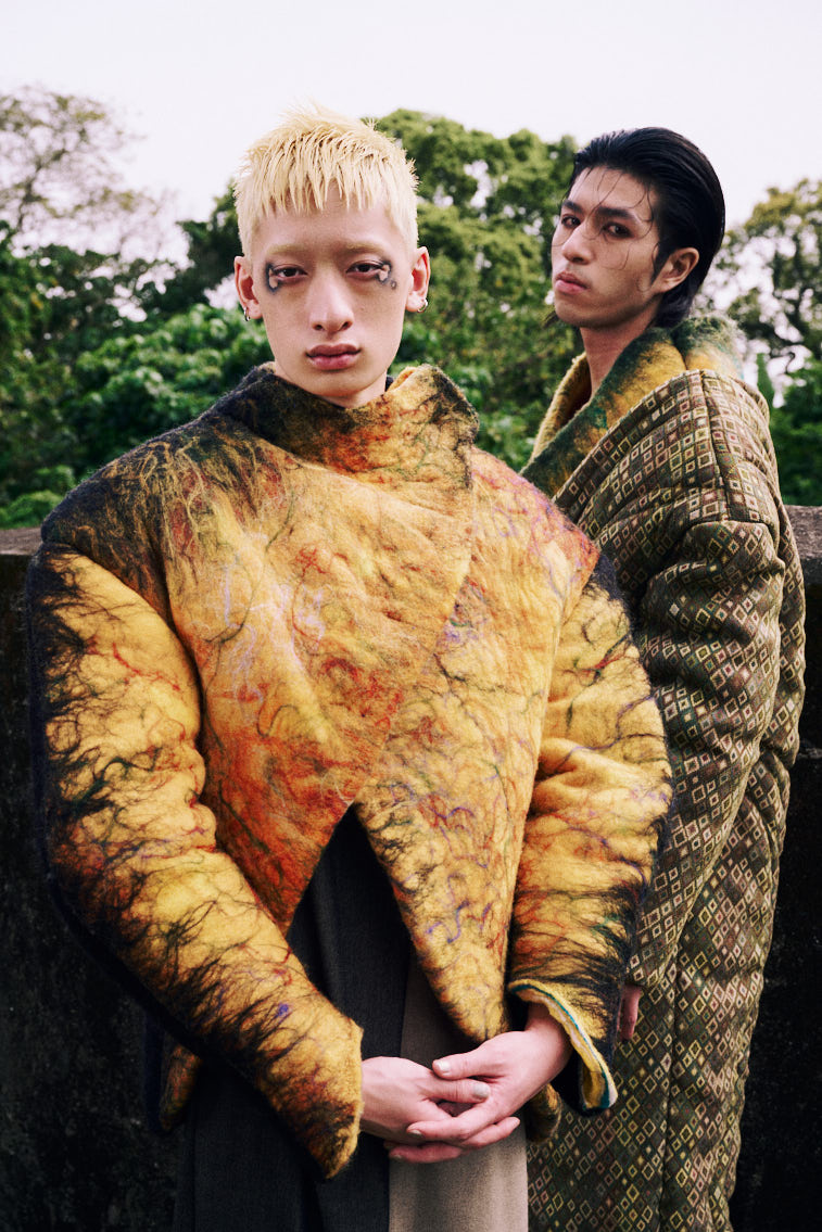 two men in wool felting cloth, warn color